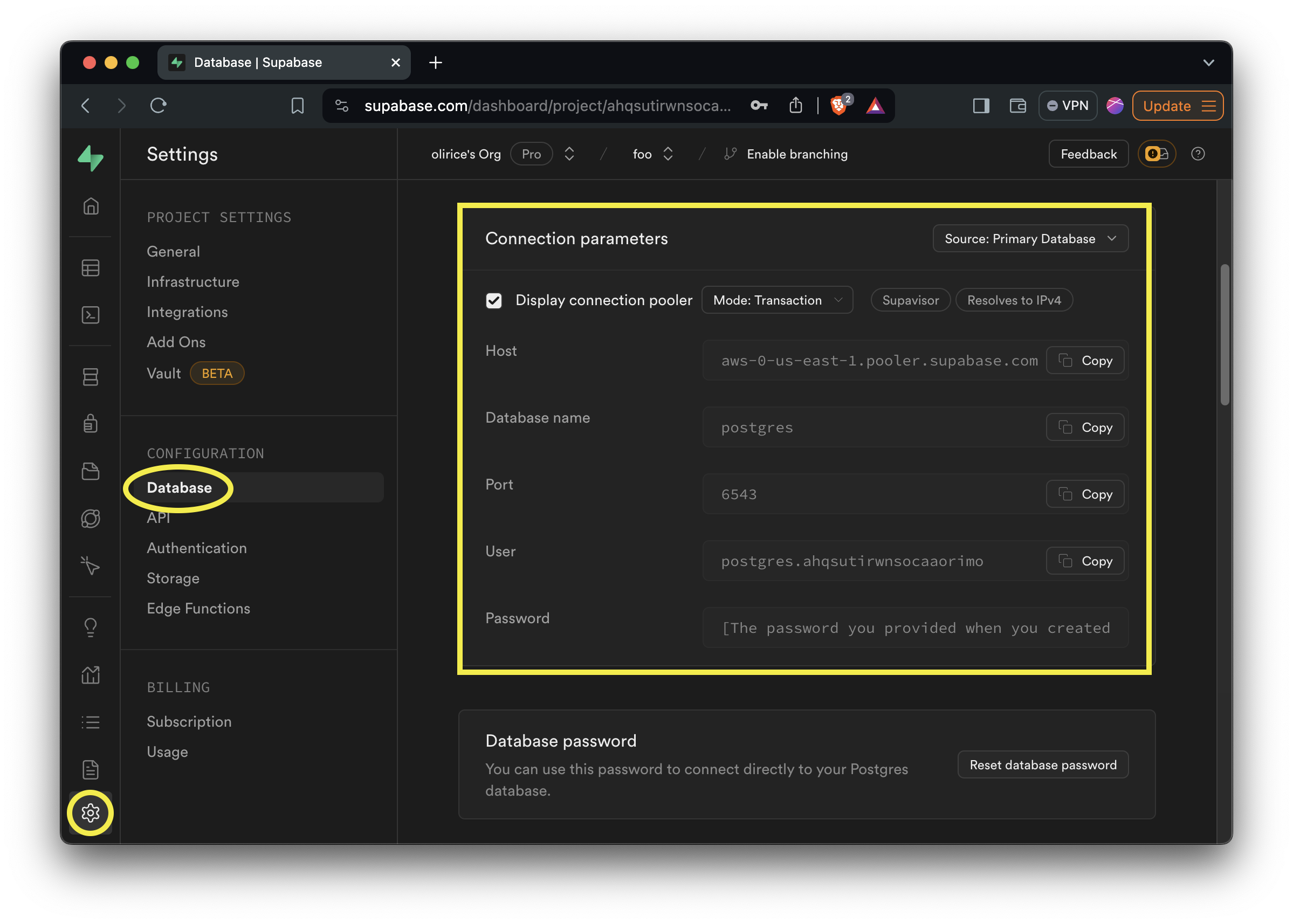 supabase connection parameters